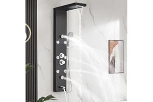 DELAVIN Shower Panel Stainless Steel Shower Tower, 5-Function Shower Panel Tower System, Full Body Shower System with Rainfall Waterfall Massage Body Jets Tub Spout and Handheld Shower, Brushed Black