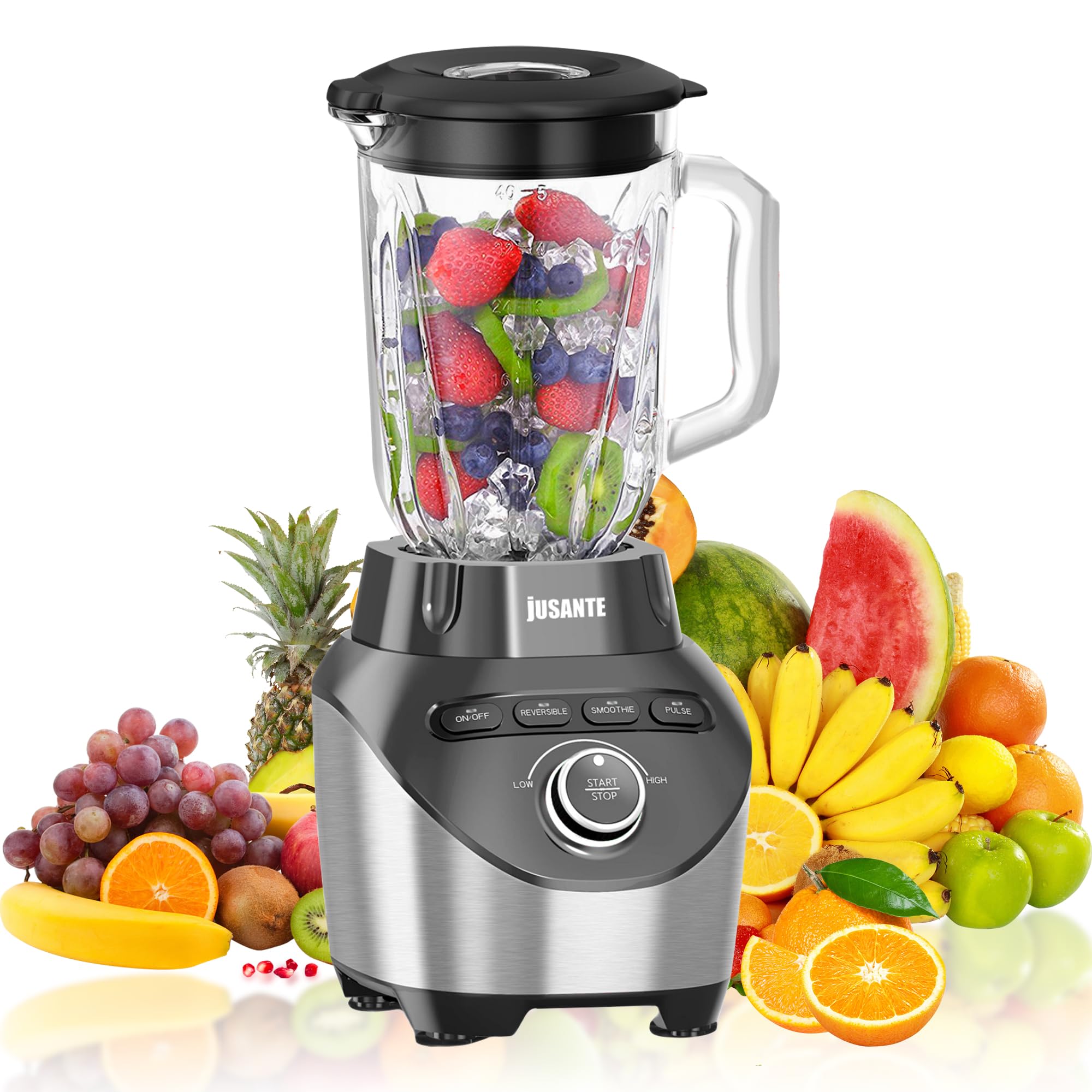 Photo 1 of JUSANTE Professional Blender with 1200 Watts and 64 oz Glass Jar Kitchen Countertop Blender for Shakes and Smoothies with High Speed Total Crushing Smoothie Blender Black for Smoothies Frozen Drinks