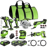GREENWORKS 24V (8-TOOL) Combo (Drill, Impact Driver, Circular Saw, Reciprocating Saw, Jigsaw, Multi-Tool, Sander, Flashlight), 4.0Ah + (2) 2.0Ah (Power Bank) Batteries, (2) Cables, 65W Rapid Charger