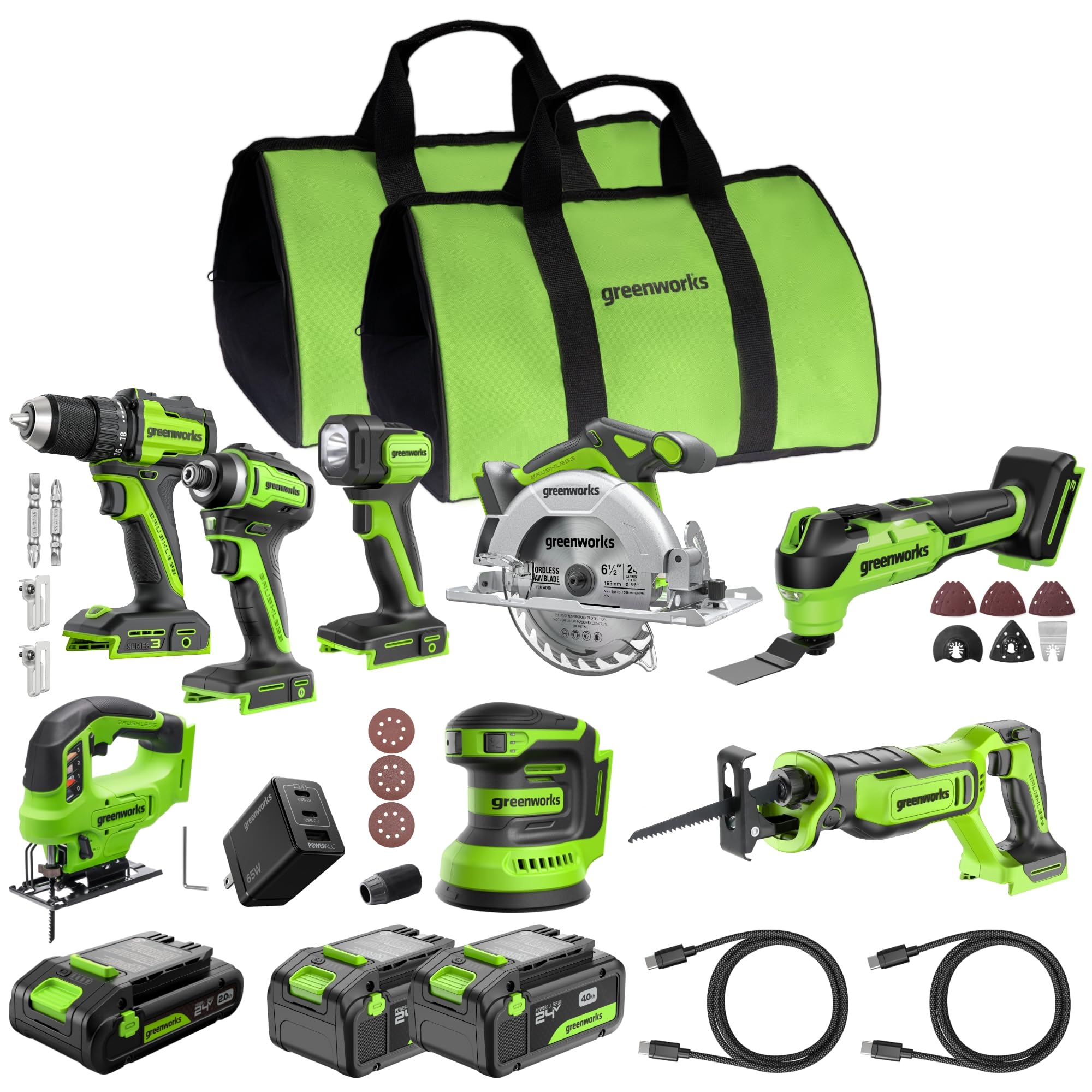 Photo 1 of GREENWORKS 24V (8-TOOL) Combo (Drill, Impact Driver, Circular Saw, Reciprocating Saw, Jigsaw, Multi-Tool, Sander, Flashlight), 4.0Ah + (2) 2.0Ah (Power Bank) Batteries, (2) Cables, 65W Rapid Charger