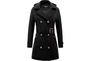 Chrisuno Women's Double Breasted Pea Coat Hooded Long Winter Trench Coat