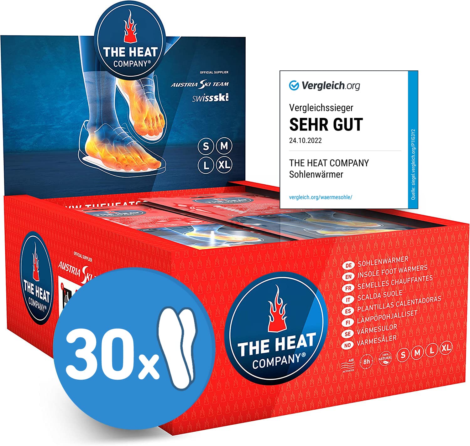 THE HEAT COMPANY Insole Foot Warmers - 30 Pairs - EXTRA WARM - 8 Hours of Warmth - Instant Heat - Air Activated - Purely Natural - Medium Size: 5.5-7