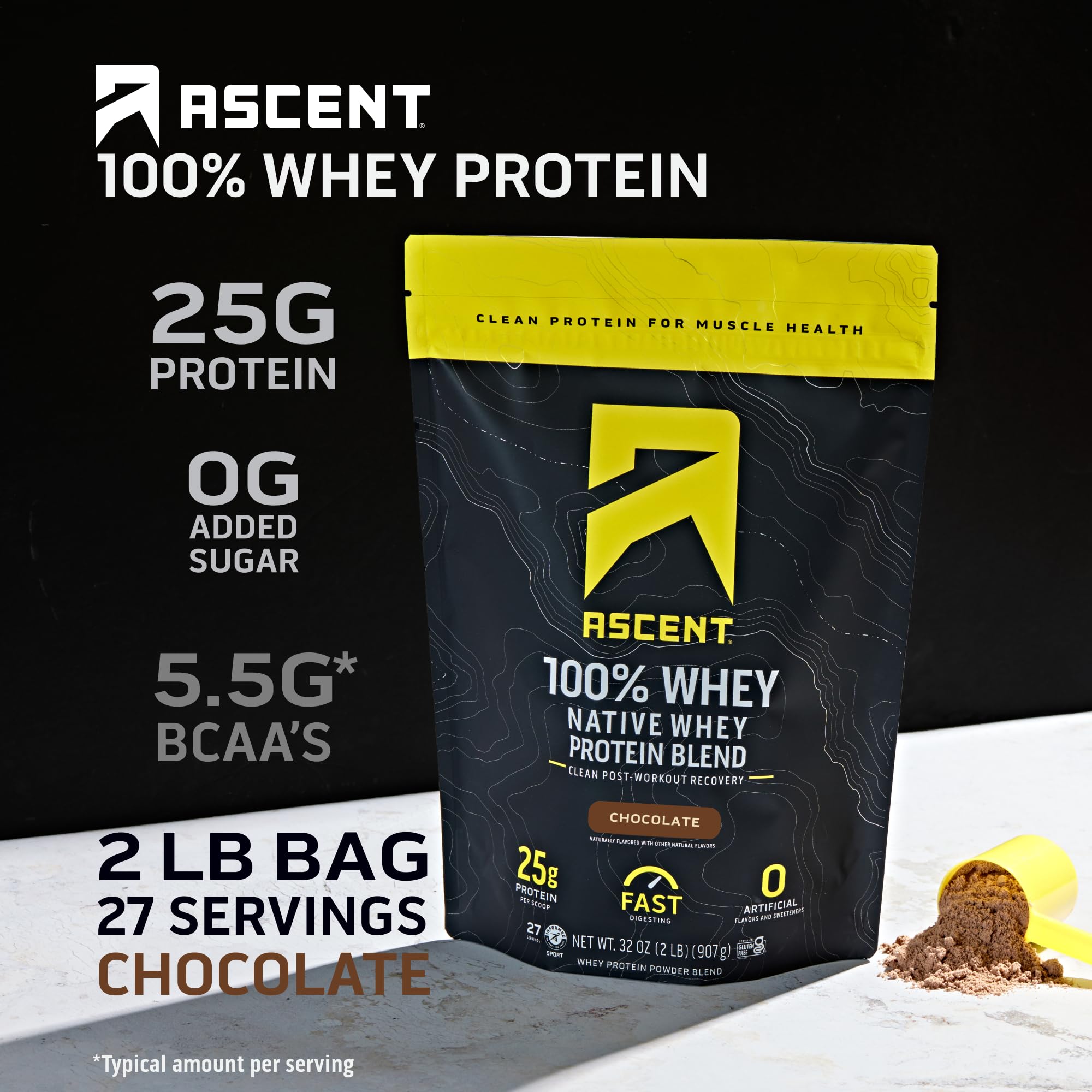 Ascent 100% Whey Protein Powder, Chocolate 2 lb & Creatine Monohydrate Powder, Unflavored 45 Servings