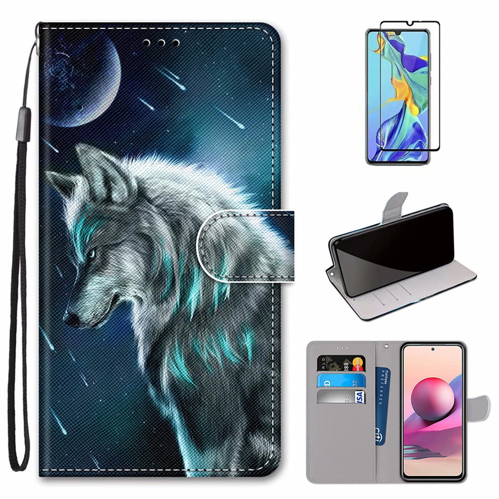 MUTOUREN Compatible with Xiaomi Redmi Note 10 Pro/Note 10 Pro Max Case with 1* Screen Protector, PU Leather Wallet Case Flip Folio Cover Magnetic Closure Protective Bumper, Moon and Wolf
