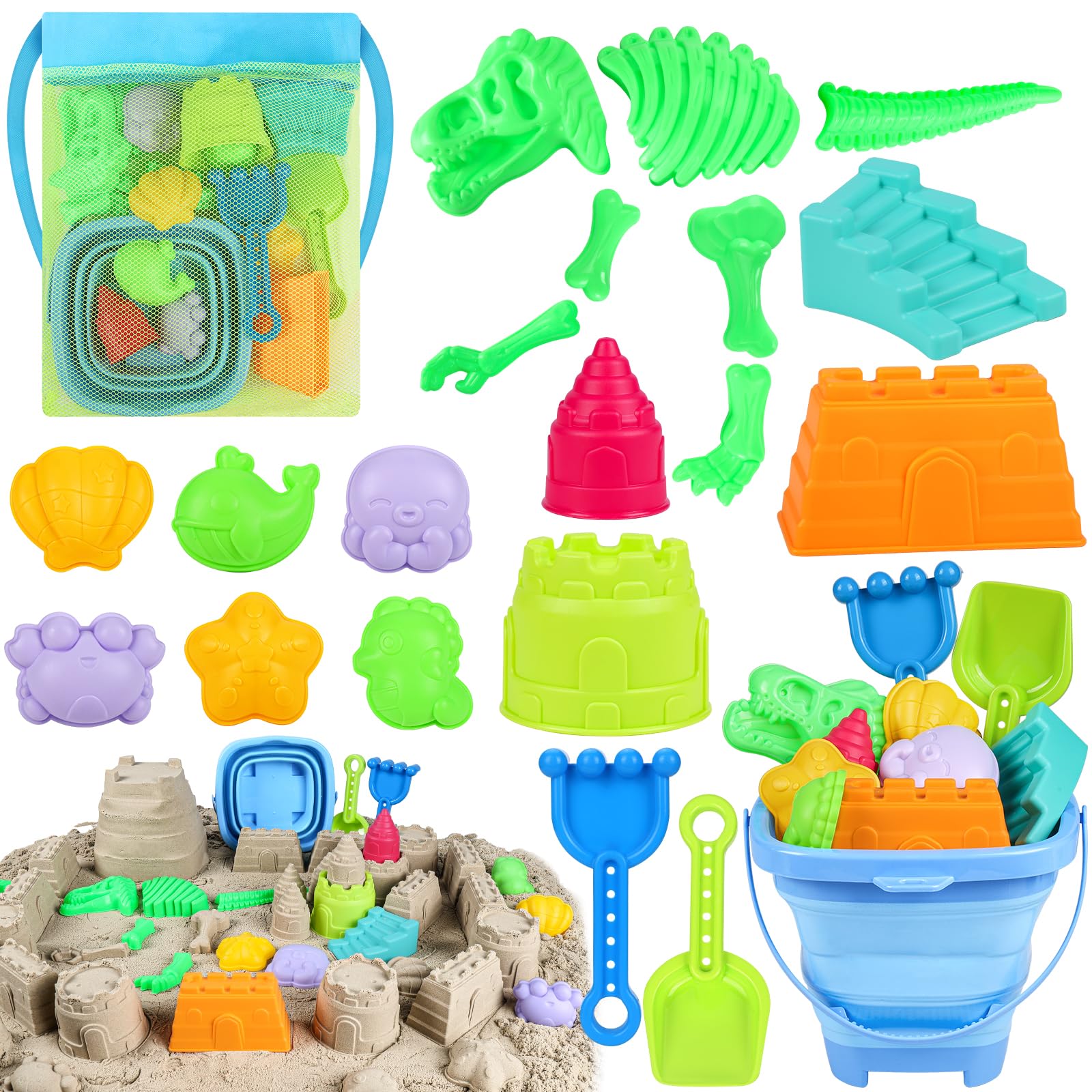 ERHAICAT Beach Toys, Dinosaur Sand Toys for Kids Toddlers with Collapsible Bucket, Sand Castle Building Kit, Mesh Storage Bag & Shovel Rake, Travel Summer Toys for Boys Girls Ages 3-10