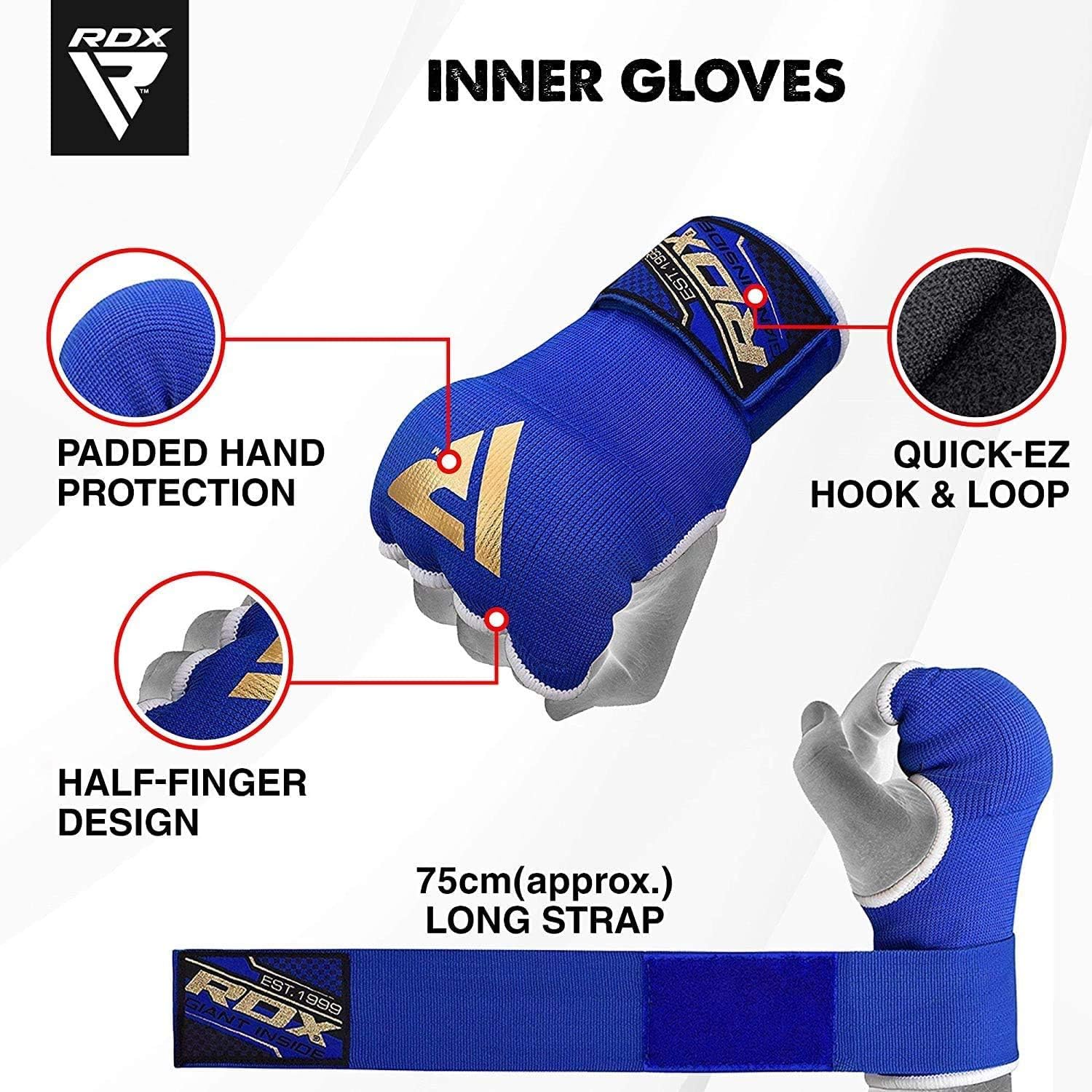 RDX boxing elastic inner gloves, MMA, boxing bandages, gloves, thumb loops, Multicolor (Blue/Gold), X-Large - Image 4
