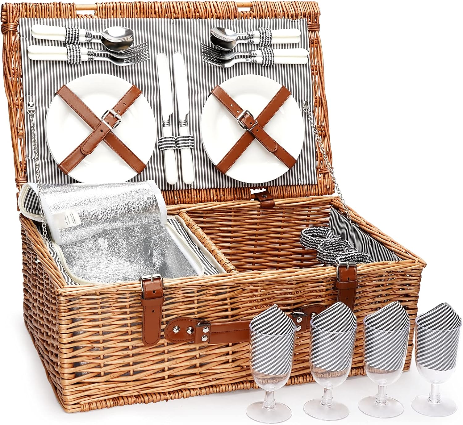 ZORMY 4 Person Picnic Basket, Large Willow Hamper Set with Insulated Compartment, Handmade Large Wicker Picnic Basket Set with Utensils Cutlery - Perfect for Picnicking, Camping : Garden & Outdoor