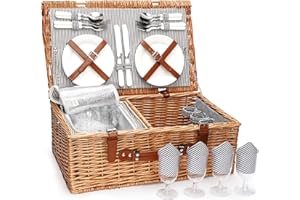 ZORMY 4 Person Picnic Basket, Large Willow Hamper Set with Insulated Compartment, Handmade Large Wicker Picnic Basket Set with Utensils Cutlery - Perfect for Picnicking, Camping