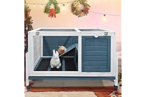 RUNSHED Two Floors Wooden Indoor Bunny Hutch Rabbit Cage on Wheels Guinea Pig PET House for Small to Medium Animals Waterproof No Leak Tray