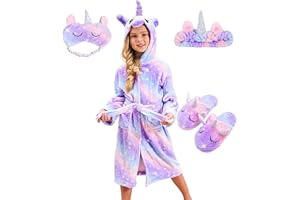Ceruwum Girls Cozy Unicorn Hooded Bathrobe Sleepwear with Unicorn Slippers, Blindfold and Headband