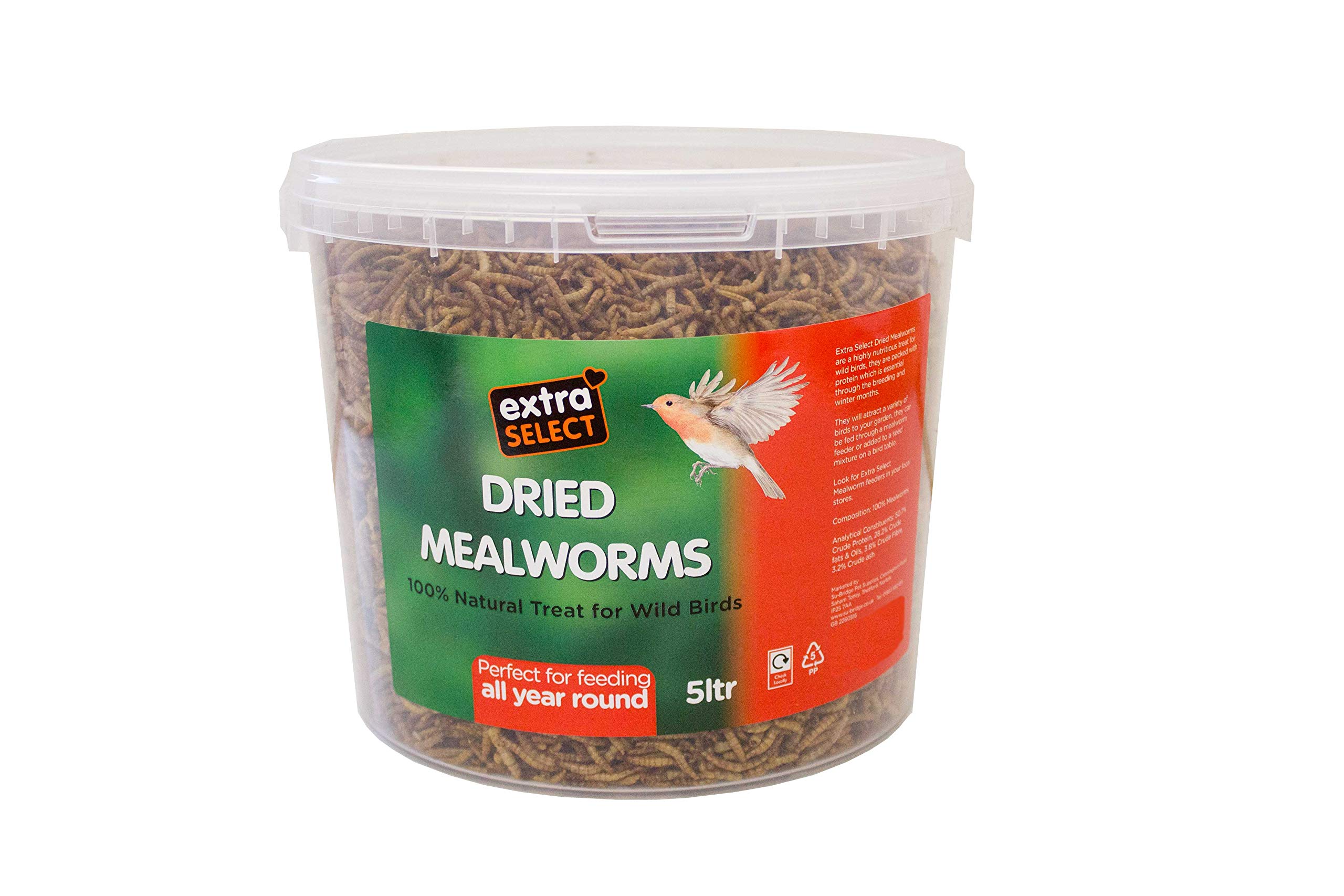 Extra Select Dried Mealworms for Wild Birds: Protein Rich Wild Bird Food for Robins and Wildlife - Meal Worms for Garden Birds - 5 Litre Tub