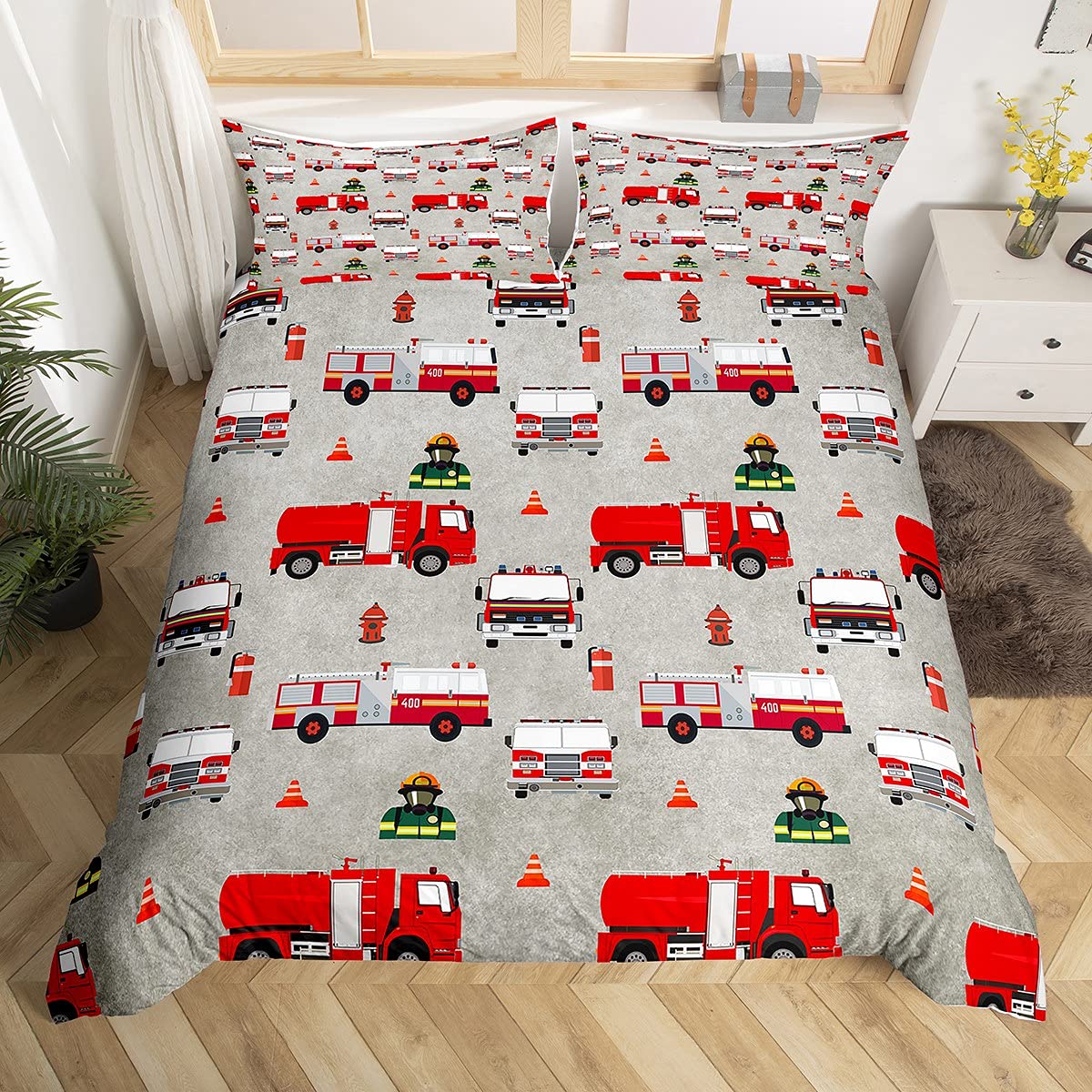 Loussiesd Kids Fireman Bedding Set Boys Fire Engine Firefighter Duvet Cover Red Fire Truck Vehicle Bedding & Linen for Girls Child Teens Bedding & Linen Single Size With 1 Pillow Case — image 1