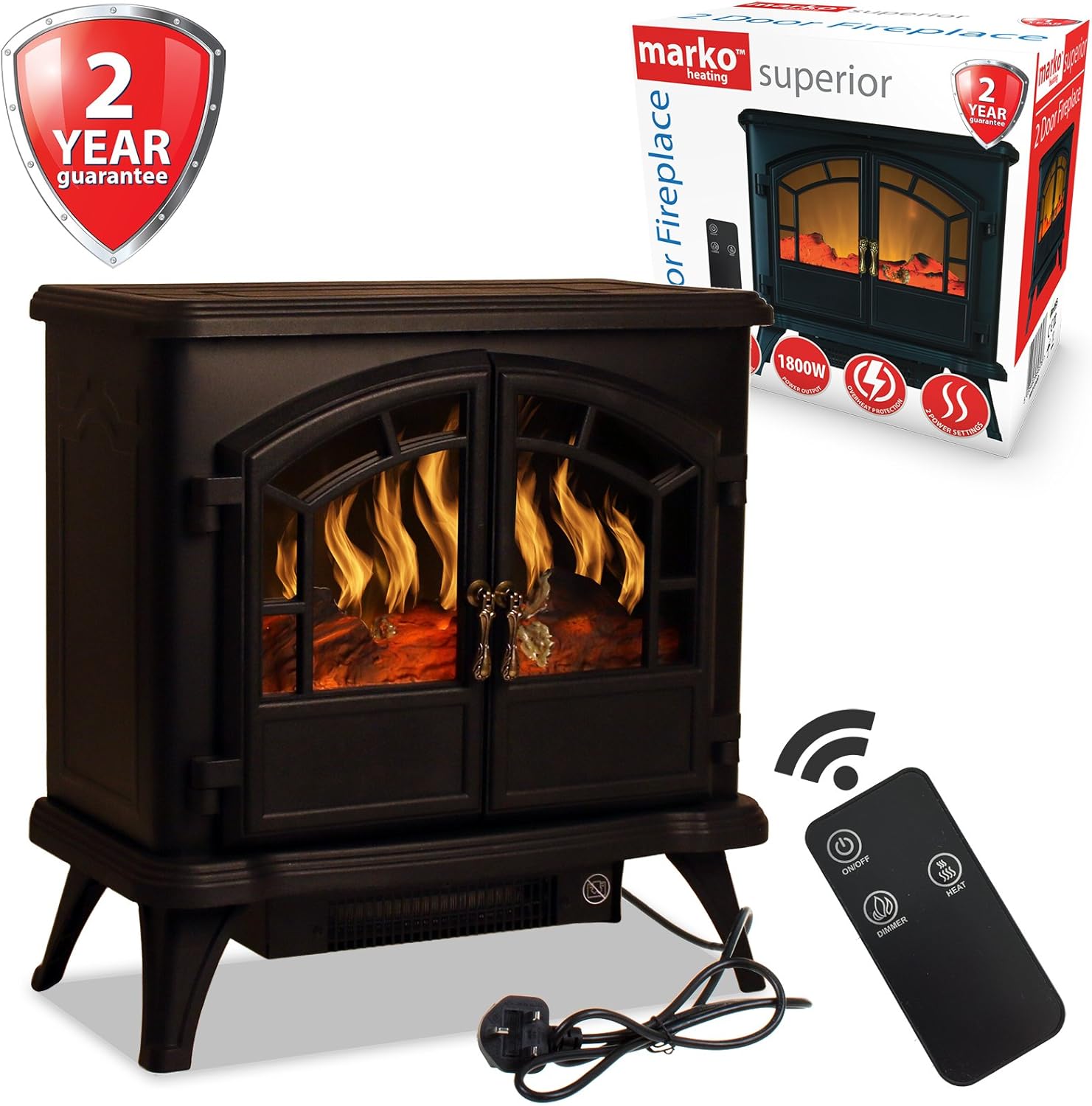 Marko Heating Electric Fireplace 1800W Double Door Fan Heater Flame