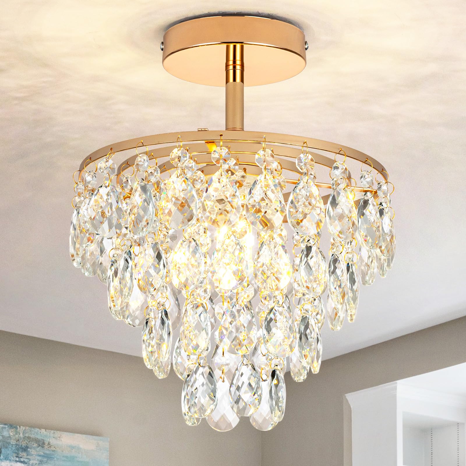 Photo 1 of CXGLEAMING Gold Chandelier Light Fixture Small Chandelier Crystal Ceiling Light Fixtures Flush Mount Ceiling Lights for Hallway Closet Bathroom Bedrooms