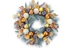 YULETIME 20-inch Christmas Wreath, Battery Operated Holiday Wreath with 20 Fairy Lights, Golden Baubles & Berries, Pine Cones, Golden Leaves, Frosted Spruce Branches and Pine Needles (Gold)