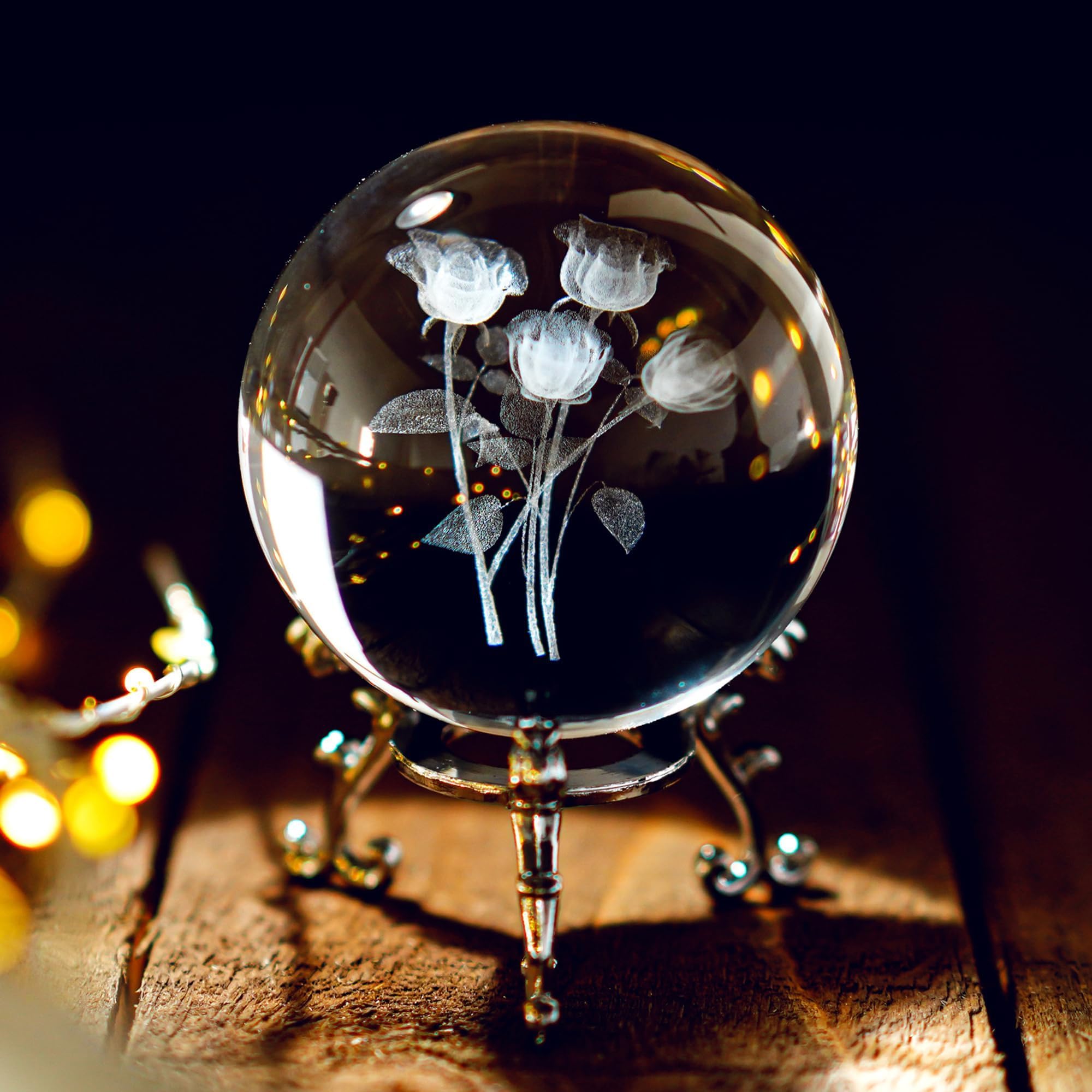 HDCRYSTALGIFTS 3D Carving Rose bouquet Crystal Ball Glass Sphere Display Paperweight with Sliver-Plated Flowering Stand,2.4inch(60mm)