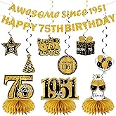 Kuxriox 11Pcs 75th Birthday Decorations Kit for Men Women, Black Gold Happy 75th Birthday Banner, Awesome Since 1951 Centerpieces Swirls Party Supplies, 75 Bday Banner Ceiling Table Topper Sign