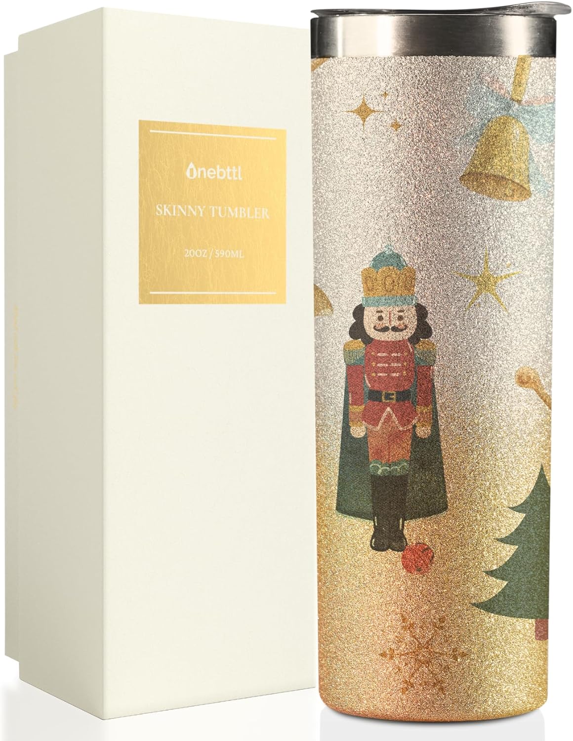 Nutcrackers - Onebttl Nutcracker Gifts, Nutcracker Ballet Gifts for Christmas, Nutcracker Theme 20oz Stainless Steel, Golden & Silver Glitter Skinny Tumbler with Nutcracker Pattern, Gift box & Card Included