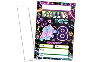 Sahjzk 8th Roller Skating Birthday Party Invitations, 20 Pcs Skate Party Invitations with Envelopes, Roller Skate Theme Birthday Invites for Boys Girls, 8th Birthday Party Supplies (4x6 inch)