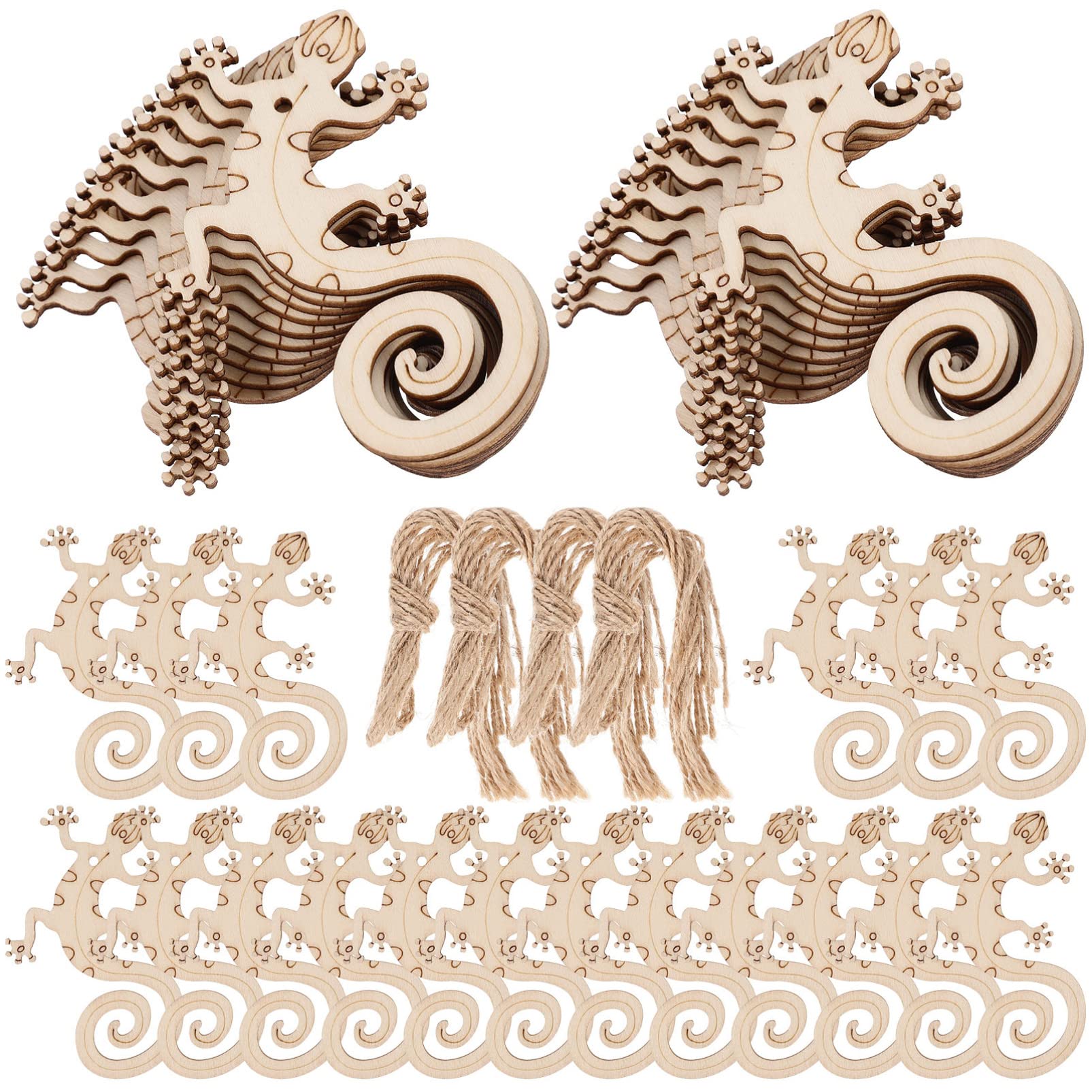 Snail Decor 50 Sets of Wooden Lizard Cutout Unfinished Wood Craft Pieces Unpainted Wood Gecko Blank Lizards Embellishments with Ropes for DIY Craft Accessories
