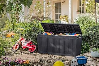 Koll Living Auflagenbox/Kissenbox 270 Liter Farbe : Graphit l 100% Wasserdicht l mit Belüftung dadurch kein übler Geruch/Schimmel l Moderne Holzoptik l Deckel belastbar bis 250 KG (2 Personen)