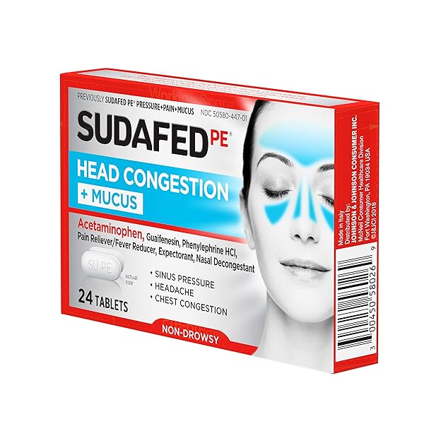 SUDAFED PE HEAD CONGESTION + MUCUS RELIEF TABLETS FOR SINUS PRESSURE, CONGESTION, & HEADACHE, NON-DROWSY DECONGESTANT WITH ACETAMINOPHEN, GUAIFENESIN & PHENYLEPHRINE HCI, 24 CT
