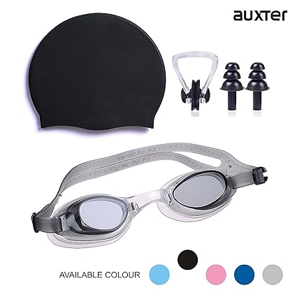 Auxter Swimming Kit with Swimming Goggles Silicone Swimming Cap + 1 Nose Clip + 2 Ear Plugs