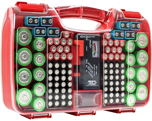 BATTERY ORGANIZER STORAGE CASE WITH TESTER, HOLDS 180...