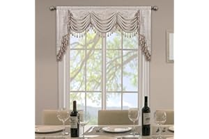 Loom and Mill Luxury Jacquard Waterfall Valance for Living Room, Floral Damask Swag Window Valances with Multi-Tassels, Elegant Swag Curtains for Bedroom Holiday Banquet Decor(W79, Light Taupe+Gold)