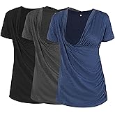 Liu & Qu Women's Maternity Nursing Tops, Layered Wrap for Breastfeeding, V-Neck Short Sleeve Tee Shirts 3 Packs