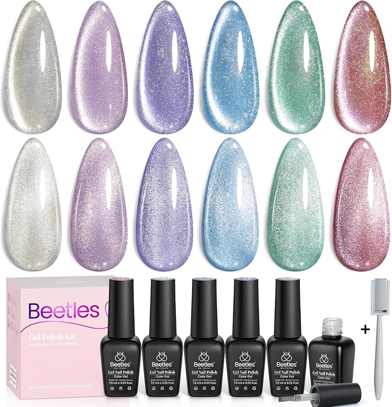 Beetles Gel Polish 6 Colors Cat Eye Holographic Glitter Magnet Kit 0.25fl oz