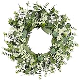 Vlorart 20 Inch Artificial Spring Summer Christmas Greenery Wreaths for Front Door Green Eucalyptus Leaf Wreath Decor Boxwood with Big Berries for Farmhouse Outside Year Round