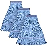 Matthew Cleaning Heavy Duty Mop Head Commercial Replacement for General and Floor Cleaning , Wet Industrial Blue Cotton Looped End String Head Refill (Pack of 3) Blue