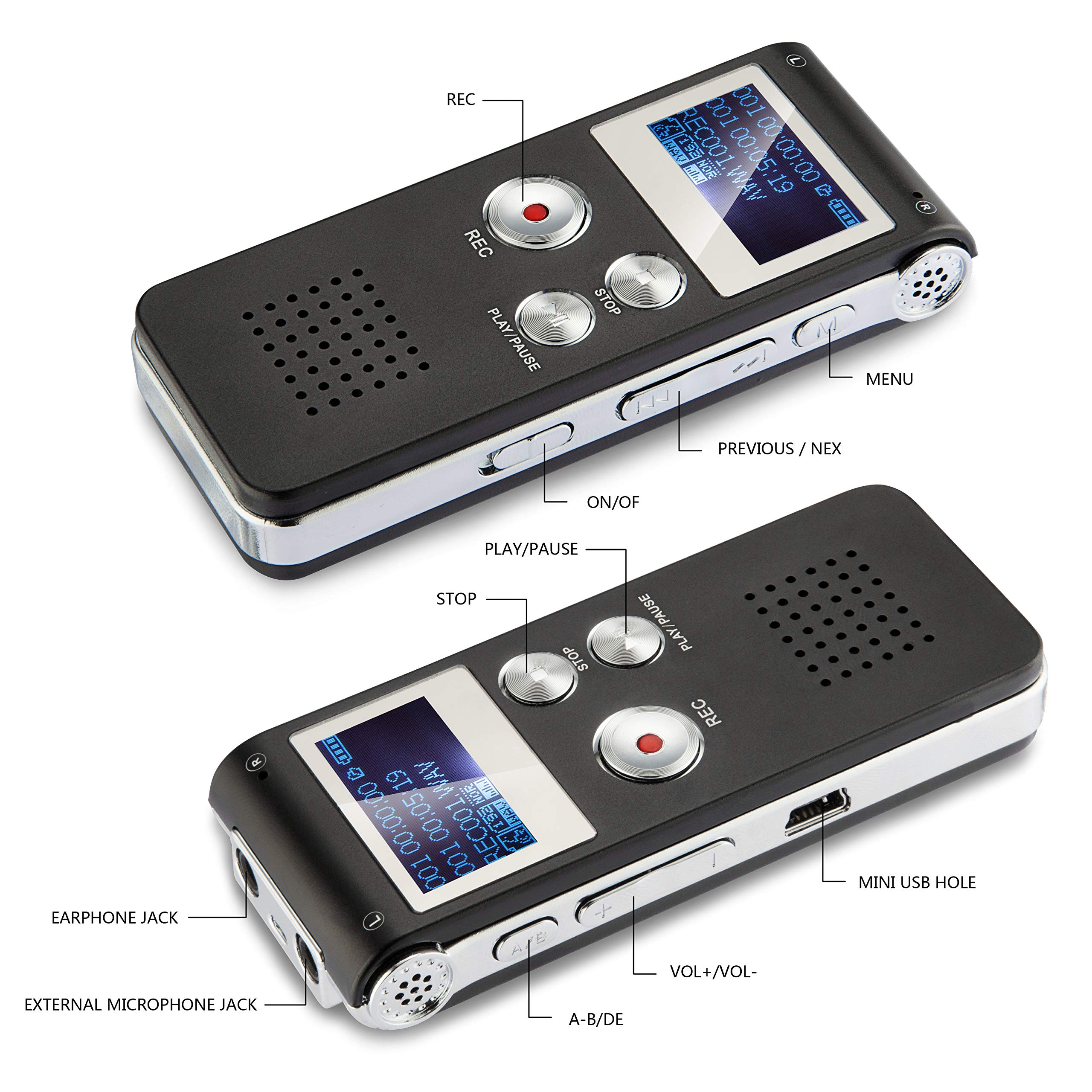 Digital Voice Activated Recorder, Akaluli Sound Audio Dictaphone Double Sensitive Microphone Metal Body A-B Repeat Mini Lecture Portable Recorder