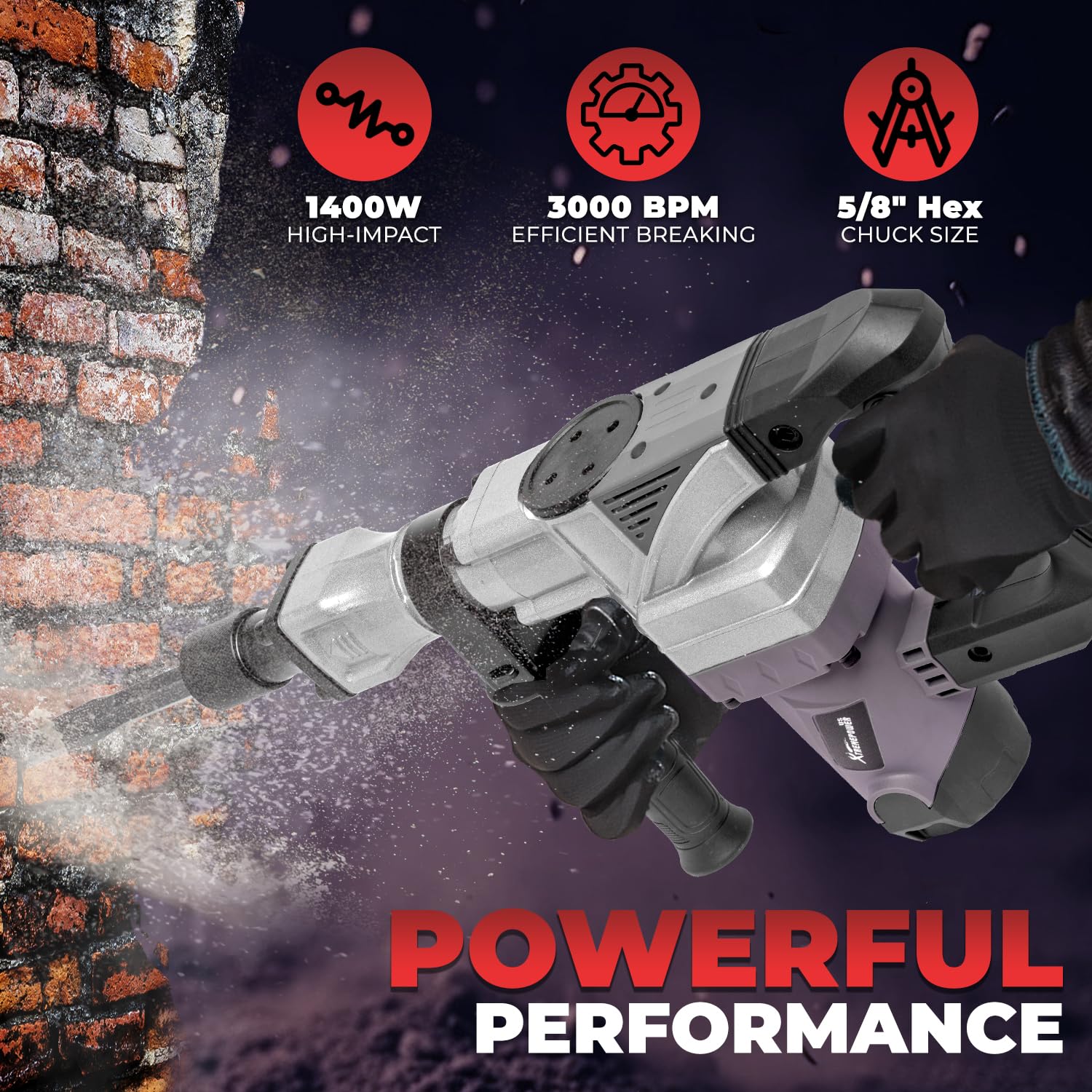 XtremepowerUS 1400W Demolition Electric Jack Hammer Point & Flat Chisel Bits Set 3000 BPM Construction Concrete Breaker Punch Chipping Carrying Case