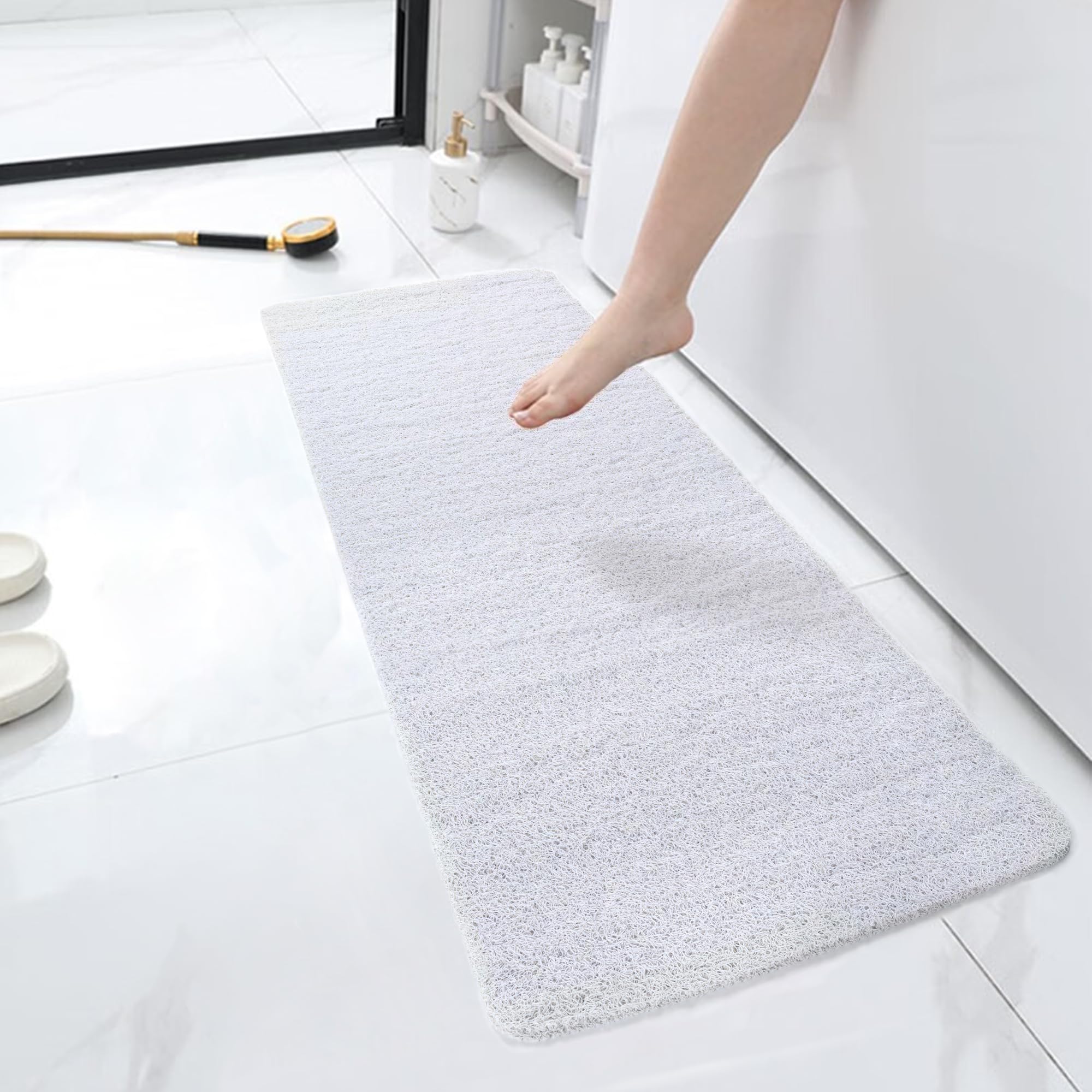HITSLAM Shower mat Non Slip, 120x40 CM Non Slip Bath Mat with Drain, Soft PVC Loofah Shower Bath Mat for Tub, Quick Drying Shower Mat for Bathroom, White