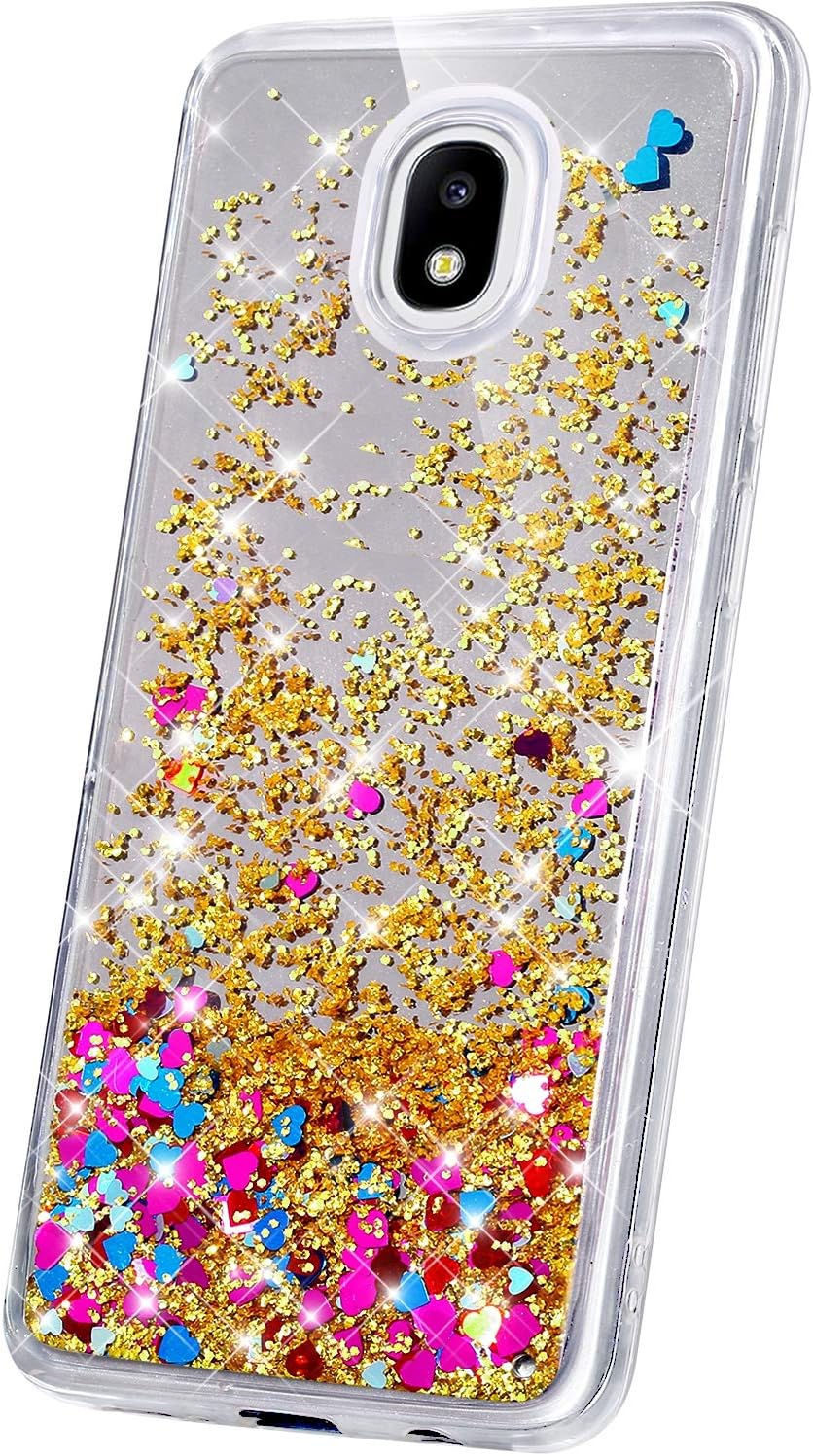 Mirror Case for Samsung Galaxy J5 Pro 2017 Glitter Case,3D Shiny Quicksand Moving Bling Glitter Liquid Sparkle Love Heart Flowing Soft TPU Silicone Bumper Mirror Back Protective Case Cover, Yellow