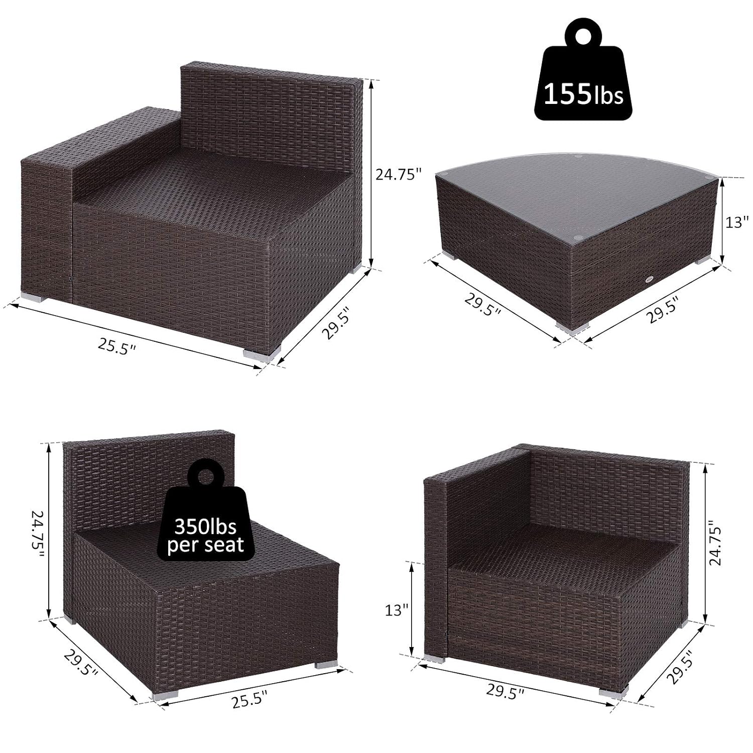 Outsunny 6 Piece Outdoor Patio Sectional Sofa Furniture Set L Shape Corner Wicker Rattan Wedge Fan Shape Table With Cushions Conversation Sets