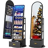 FOMNEY Full Length Mirror with Storage, 63" Mirror Jewelry Cabinet Standing, Rotating Jewelry Mirror Organizer Full Length, Lockable Jewelry Armoires with Velvet Lining for Women Gift