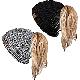 Funky Junque Ponytail Beanie for Women - Winter Ponyback Hat Soft Stretch Cable Knit High Pony Tail Womens Running Hats