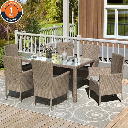 Beige Cushions Merax 5 Pieces Patio Dining Sets Outdoor Rattan Dining Furniture Sets With 4 Wicker Chairs And Glass Table Dining Sets