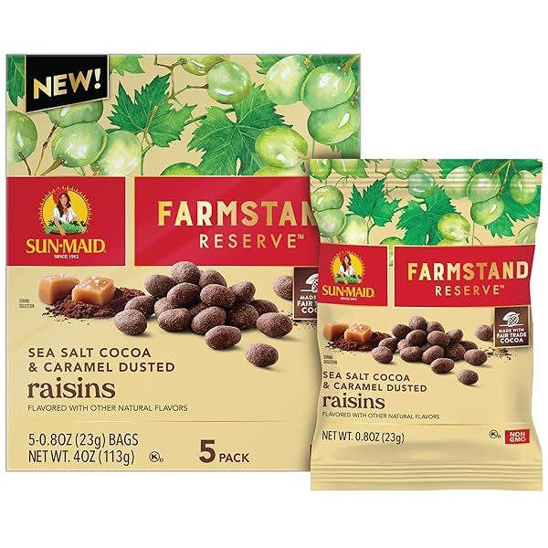 SUN-MAID FARMSTAND RESERVE SEA SALT COCOA & CARAMEL DUSTED RAISINS – (5 PACK) 0.8 OZ SNACK BAG – COCOA COVERED FRUIT SNACK