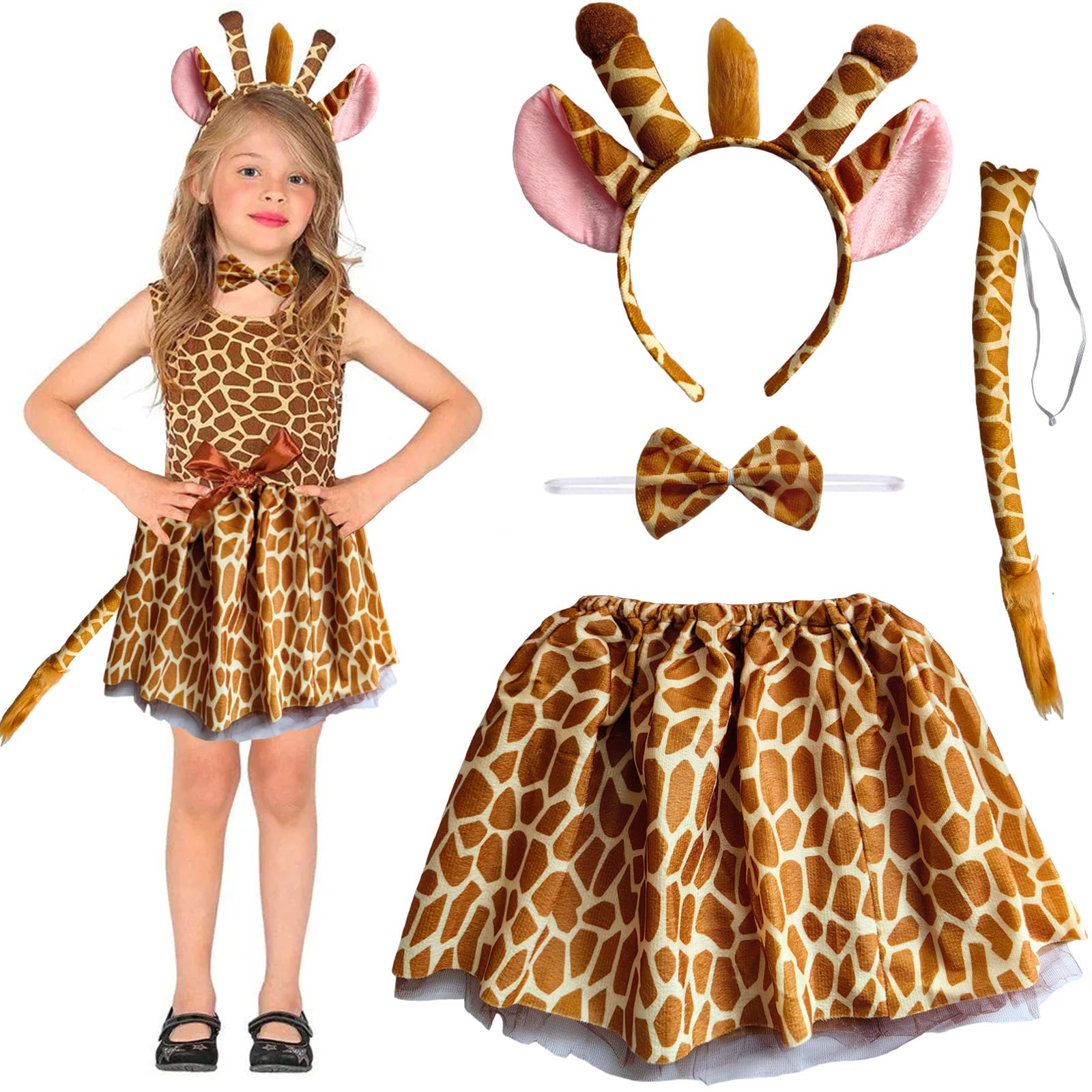 GugnRyAc 4 Pcs Giraffe Costume for Girls, Giraffe Dress Up Outfit with Tutu Dress, Ears Headband, Bowtie, Tail, Animal Fancy Dress for 3-10y Kids Carnival Halloween Costume