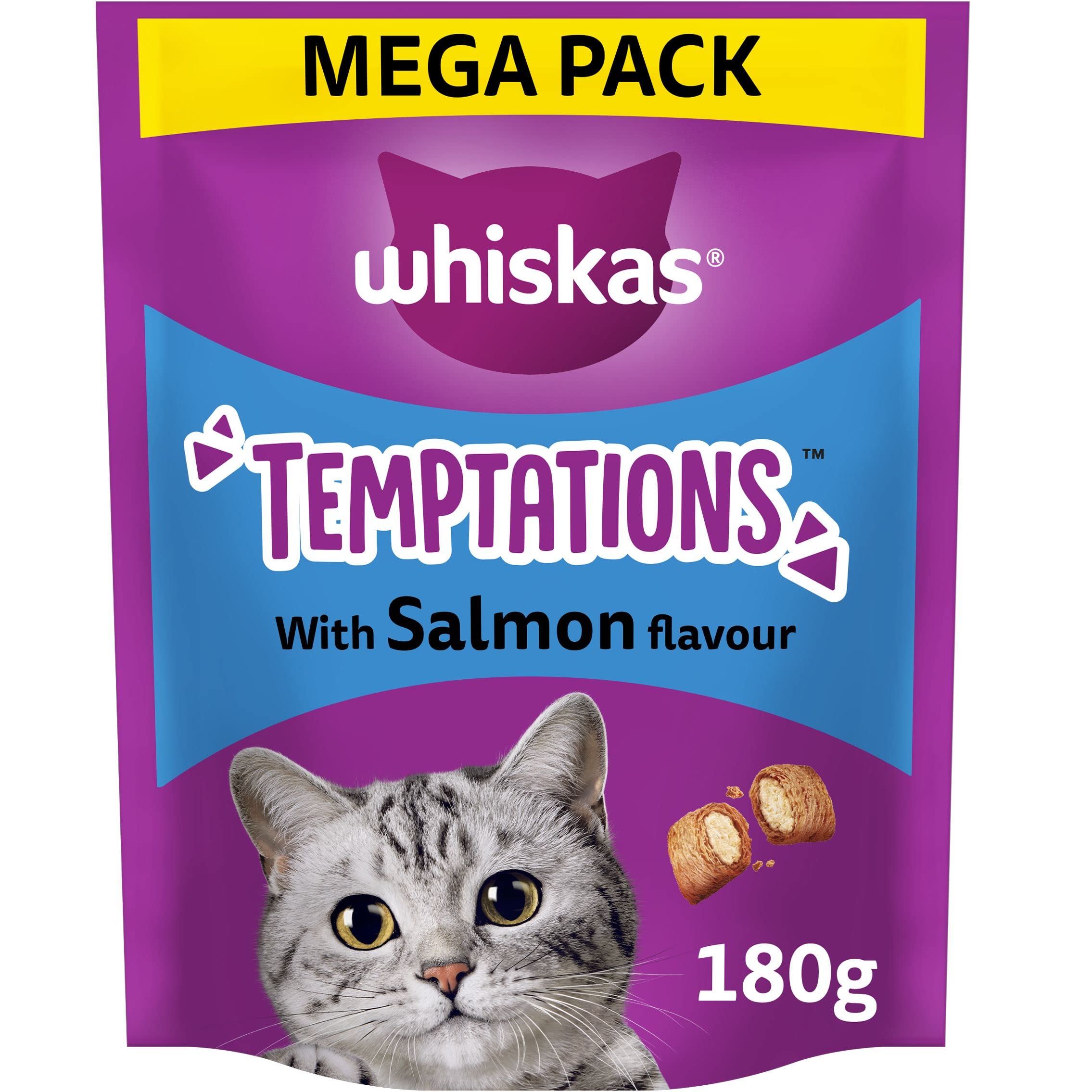 WHISKAS Temptations - Tasty, Crunchy Treats for Adult Cats, Small Bite Size Snacks with a Delicious Salmon Flavour Filling, 4x180 g Packets - Pack May Vary