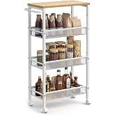 VASAGLE 4-Tier Slim Rolling Storage cart with Wheels, 8.7 Inches, Metal | Slim Utility Rolling Laundry Cart, Golden Oak and Matte White, , for Kitchen, Living Room, DACEY Collection ULRC032W09