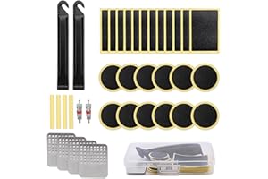 Miinsiinoore 48 Pcs Bike Tire Repair Kit, Bycicle Inner Tube Puncture Patch with Glueless Patches Metal Rasp Valve Core for B