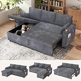 3 in 1 Pull Out Couch, Corduroy L Shaped Couch Sleeper Sofa Bed, Grey | Reversible Storage Chaise, Charging Station, Cup Holder, Sleeper Sofa, for Living Room Apartment