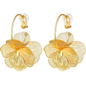 Awinesn Dangle Flower Clip on Earrings for Women 14K Gold/Silver Plated Statement Clip Earrings for Women Summer Floral Dangl