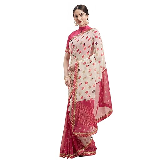 Womanista georgette with Blouse Piece Saree (TI1183_ Off White & Pink_ One Size)