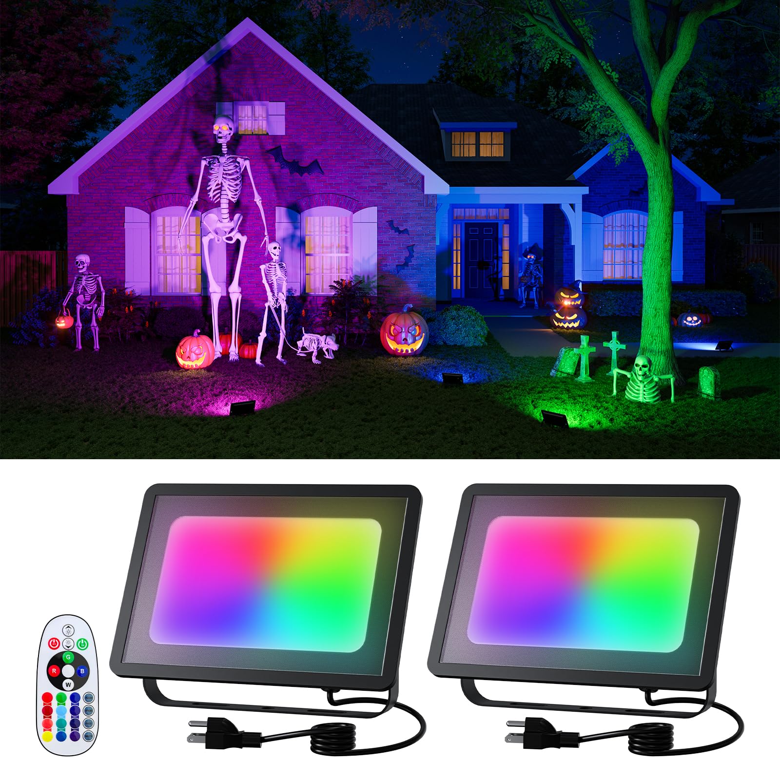 Photo 1 of 2 Pack 50W Halloween Color Changing Floodlights with Remote Waterproof Led Flood Lamp 16 Multicolor Indoor and Outdoor Up Lighting for Decoration, Landscape, Skeleton, Spider, Ghost, Tombstone, Garden